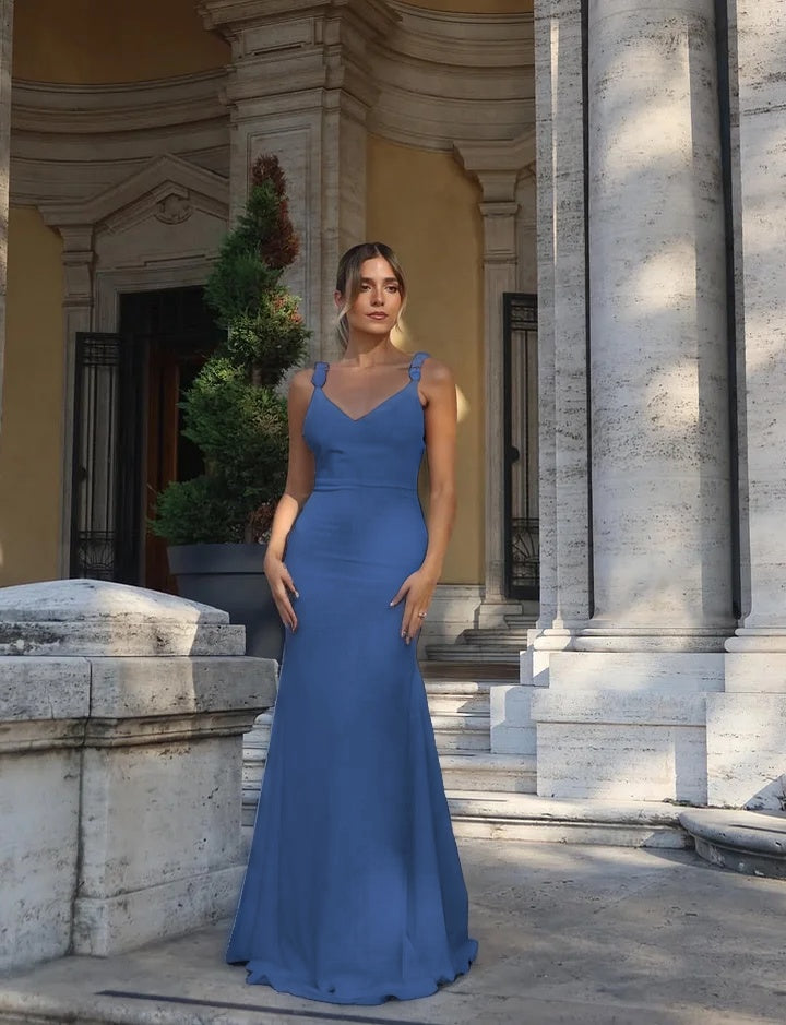 Fitted White Spaghetti-Straps V-Neck Backless Beaded Evening Dress