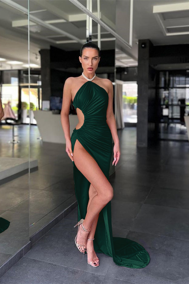 Halter Sleeveless Pink Mermaid Prom Dress Long Slit Online