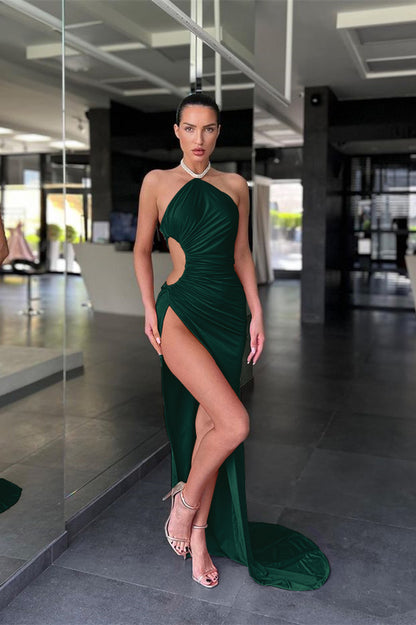 Halter Sleeveless Pink Mermaid Prom Dress Long Slit Online