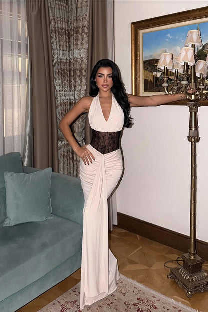 Sleeveless Halter Straps Deep V Neck Mermaid Long Prom Dress