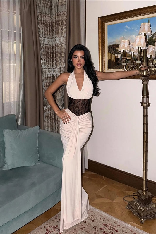Sleeveless Halter Straps Deep V Neck Mermaid Long Prom Dress