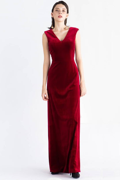 V Neck Burgundy Velvet Dress