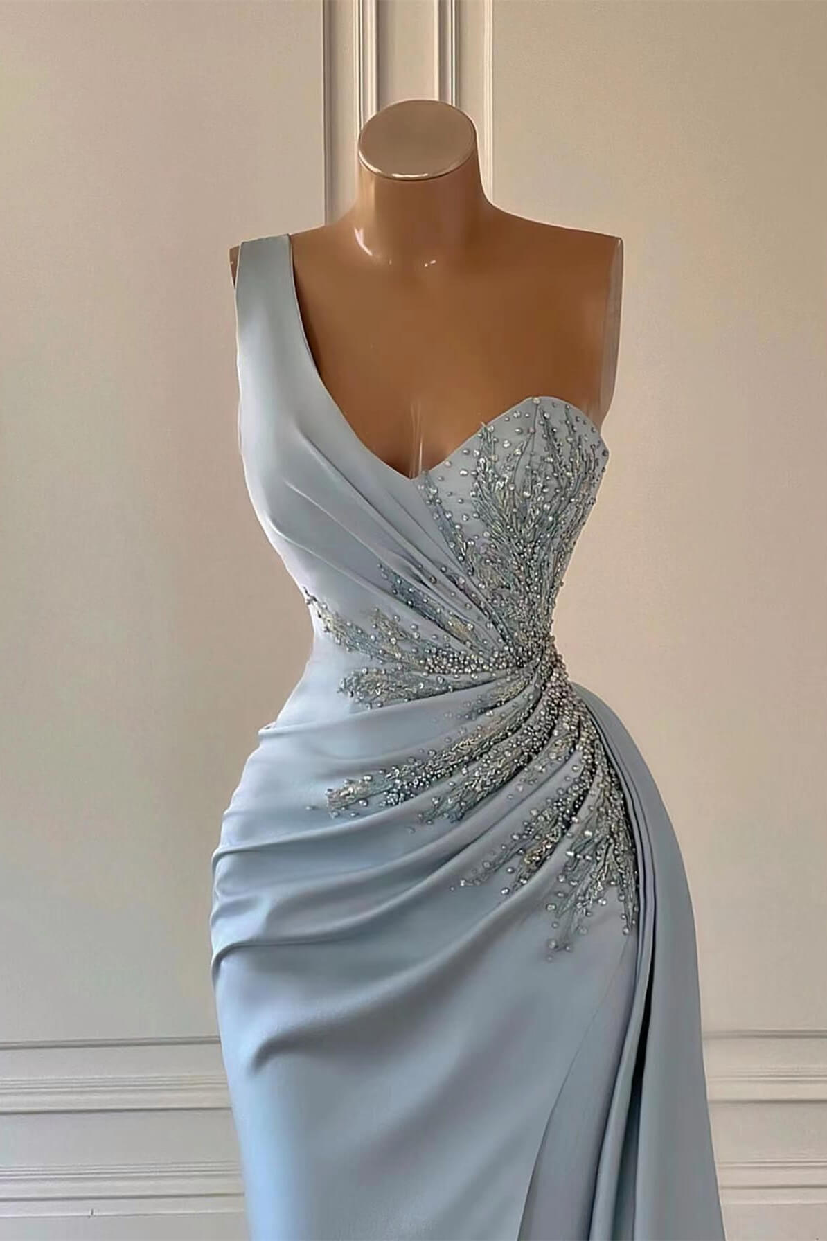 Sky Blue Luxury One-Shoulder Prom Dress Mermaid Split With Ruffles