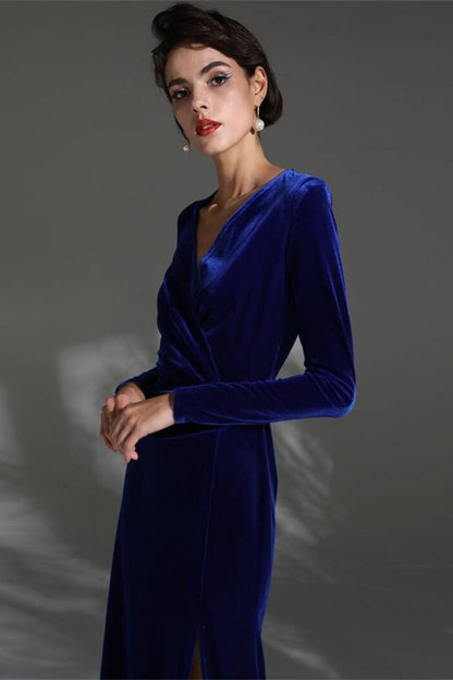 Royal Blue Velvet Long Sleeves Dress