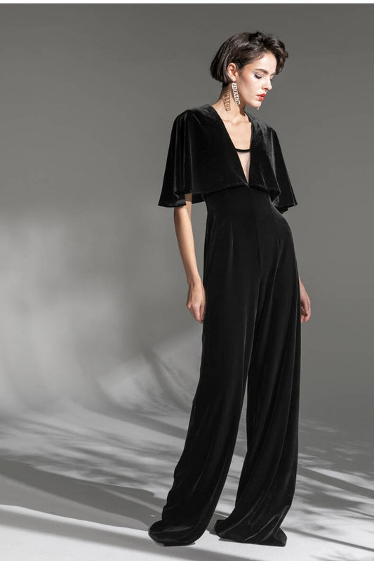 Plunge Black Velvet Jumpsuit