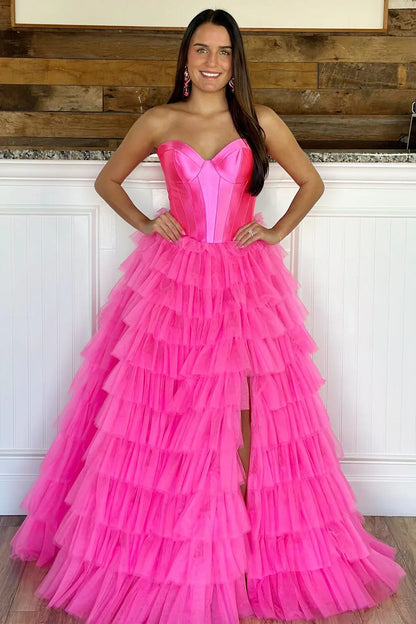 Black A Line Sweetheart Neck Layered Satin Tulle Long Wedding Guest Dress Evening Dress with Slit SH2920