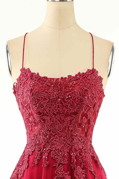 Red Tulle A-Line Lace Appliques Empire Prom Party Dress