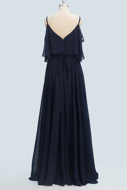 Navy Blue A-line Spaghetti Strap Sash Ruffle Long Bridesmaid Dress
