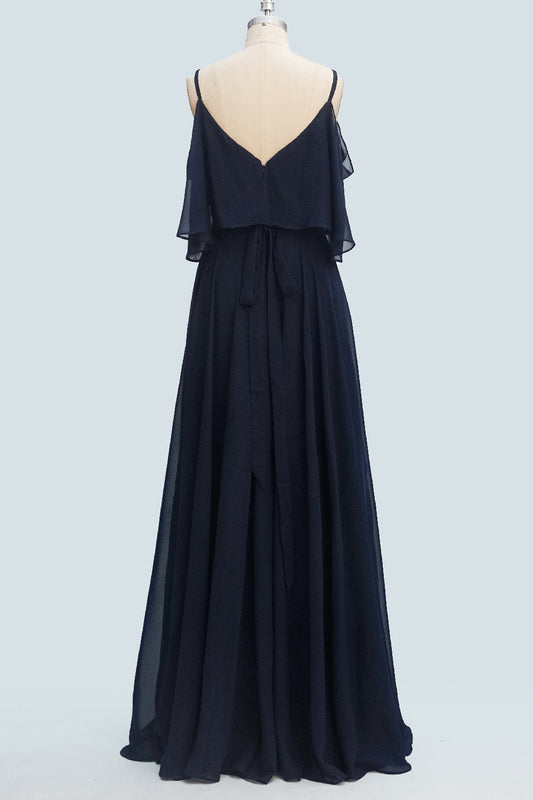 Navy Blue A-line Spaghetti Strap Sash Ruffle Long Bridesmaid Dress