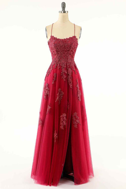 Red Tulle A-Line Lace Appliques Empire Prom Party Dress