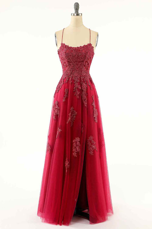 Red Tulle A-Line Lace Appliques Empire Prom Party Dress