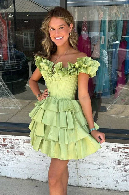 Blue Off-the-shoulder A-line Satin Appliques Mini Homecoming Dress
