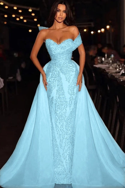 Baby Blue Embroidery Sleeveless Strapless One-Shoulder Mermaid Beads Prom Dress