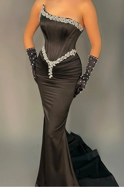 Charming Black Satin Strapless Mermaid Beadings Prom Dress with Gloves