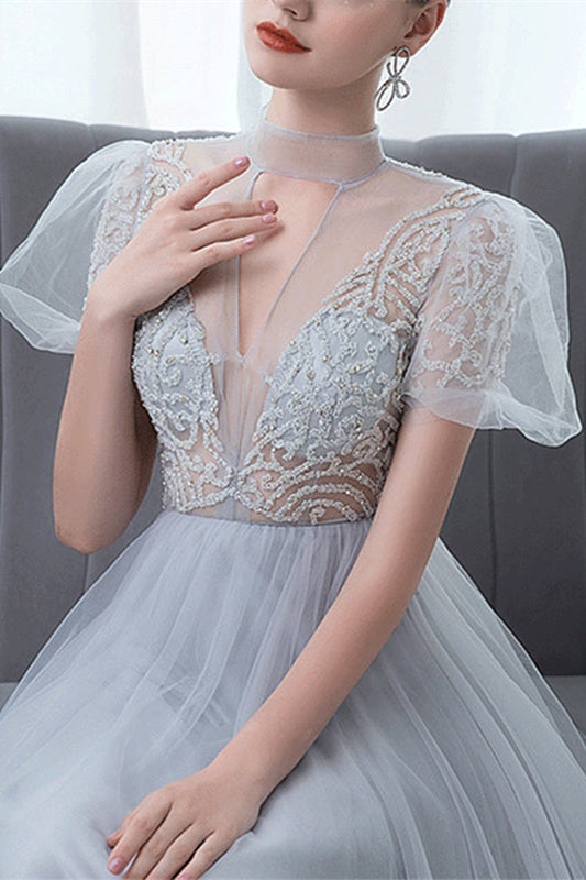 Grey Long Evening Dress Bowknot Tulle With High Collar Appliques