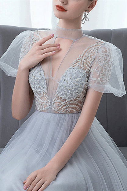 Grey Long Evening Dress Bowknot Tulle With High Collar Appliques