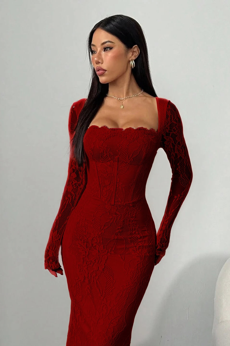 Long Sleeves Pink Square Lace Mermaid Prom Dress With Embroidery