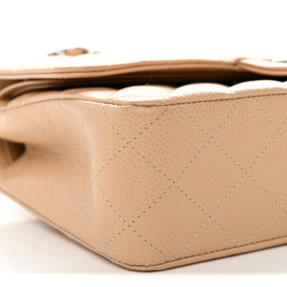 Caviar Quilted Medium Double Flap Beige