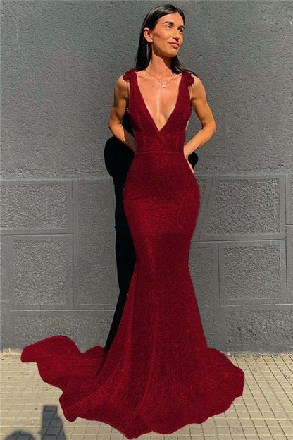 Deep V-Neck  Mermaid Prom Dress Open Back Sequins