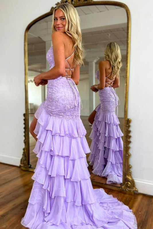 Purple Strapless V-Neck Long Prom Dress Slit with Sequins