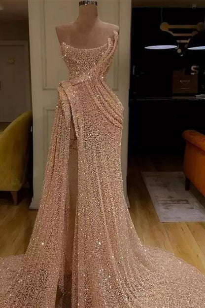Mermaid Strapless Long Prom Dress Slit With Sequins