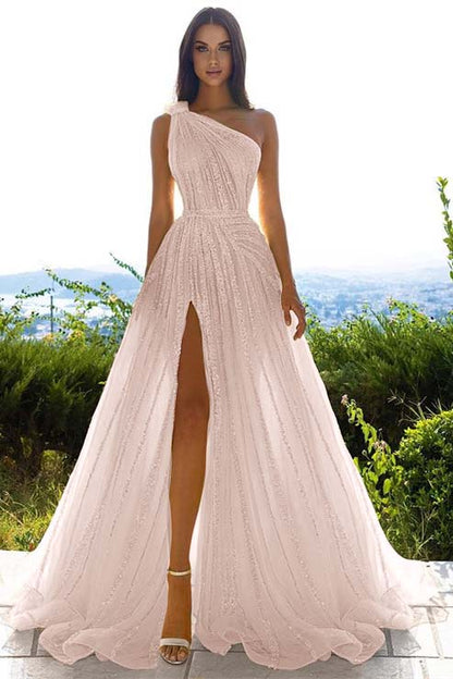 Sequins One Shoulder Prom Dress Daffodil With Front Slit