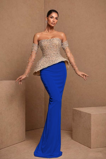 Black Sleeveless Strapless Mermaid Satin Beads Long Prom Dress With Gloves