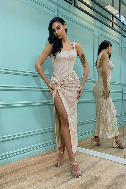 Elegant Shoulder Straps Mermaid Evening Dress Sequins With Slit