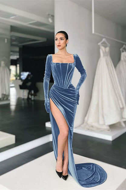 Square Long Sleeves Prom Dress With Slit