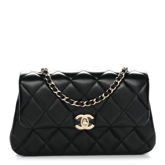 Lambskin Quilted Rectangular Phone Holder Clutch With Chain Black