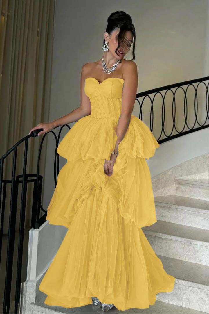 Sleeveless Sweetheart Strapless A Line Long Prom Dress With Tulle
