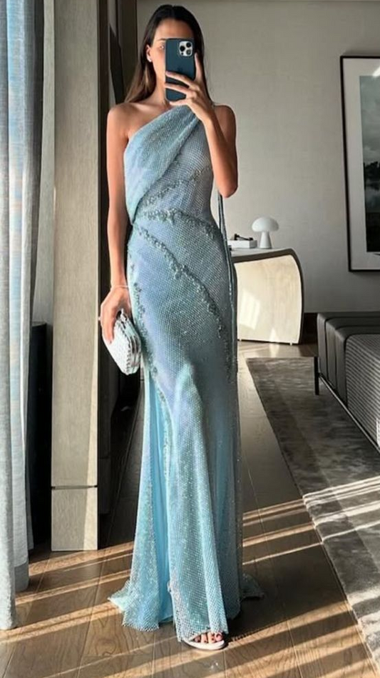One Shoulder Blue Prom Dress Graduation Dress 22nd Birthday Outfit fg8391