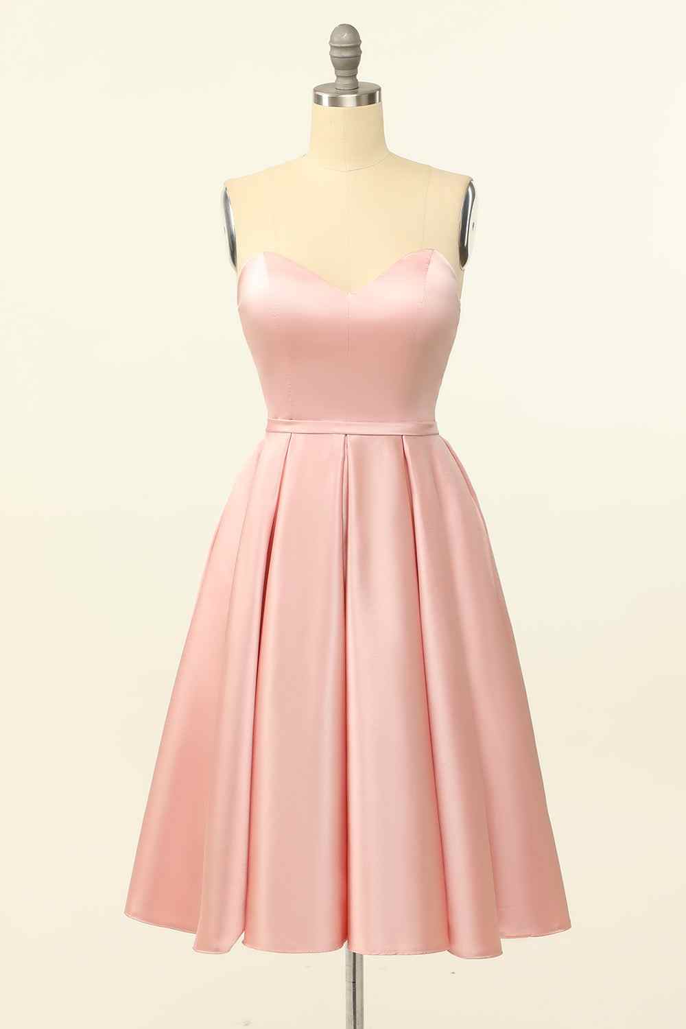 Pink A-line Strapless Satin Lace-Up Back Mini Homecoming Dress