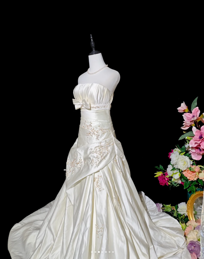 Charming Strapless Ivory Beaded Satin Pleated Mermaid Long Evening Dress Formal Birthday Prom Gowns D2366