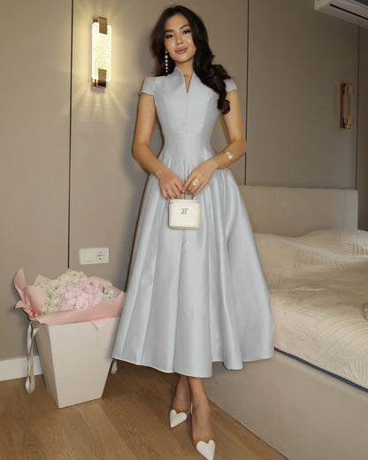 Elegant Pink Short Sleeves A-Line Pleated Satin Ankle Length Evening Dress