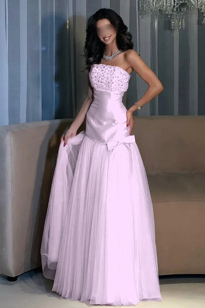 Charming Candy Pink Satin Tulle Sleeveless Strapless Long Evening Dress with Beadings