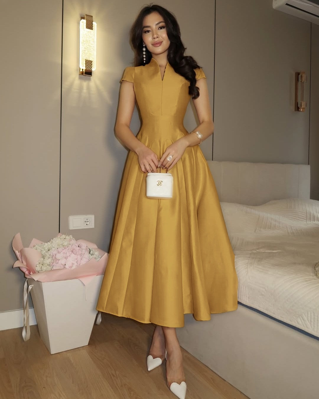 Elegant Pink Short Sleeves A-Line Pleated Satin Ankle Length Evening Dress