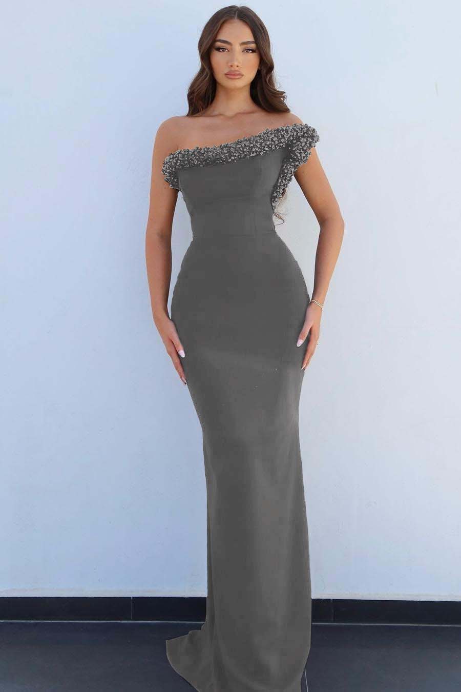 Black One Shoulder Sleeveless Mermaid Long Prom Dress With Beading
