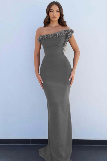 Black One Shoulder Sleeveless Mermaid Long Prom Dress With Beading