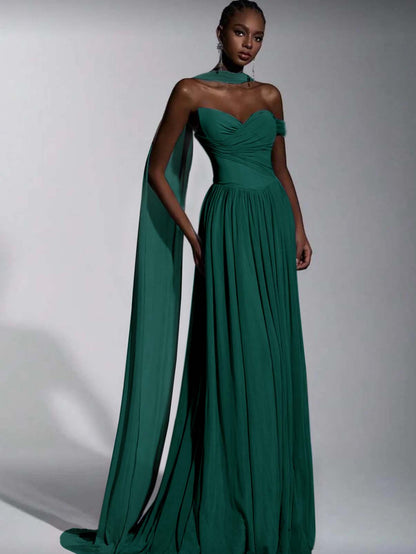 Dusty Blue One Shoulder Sweetheart Evenign Dress in Chiffon With Split