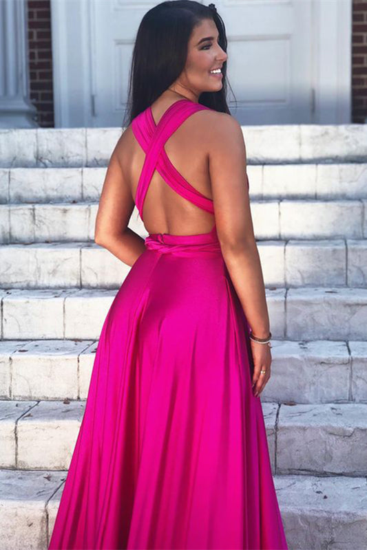 Sleeveless Fuchsia V Neck A-Line Prom Dress With Split