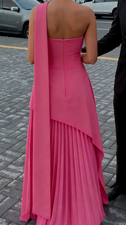 Trendy Pink Strapless Satin Pleated Long Party Dress Prom Gown With Scarf D1154