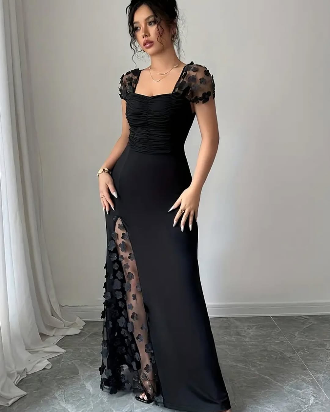 Glamorous Black Satin Applique Square Neck Pleated Prom Dress with Split