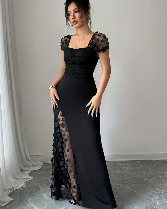 Glamorous Black Satin Applique Square Neck Pleated Prom Dress with Split