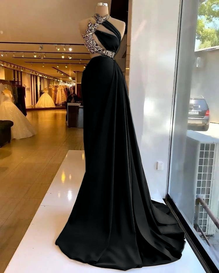 Satin Stunning Beading Sleeveless Long Prom Dress with Ruffle