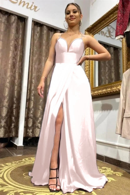 Long Royal Blue Slit Prom Dress Spaghetti-Straps