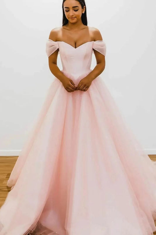 Blushing Pink Off-The-Shoulder V-Neck Strapless Evening Dress With Tulle