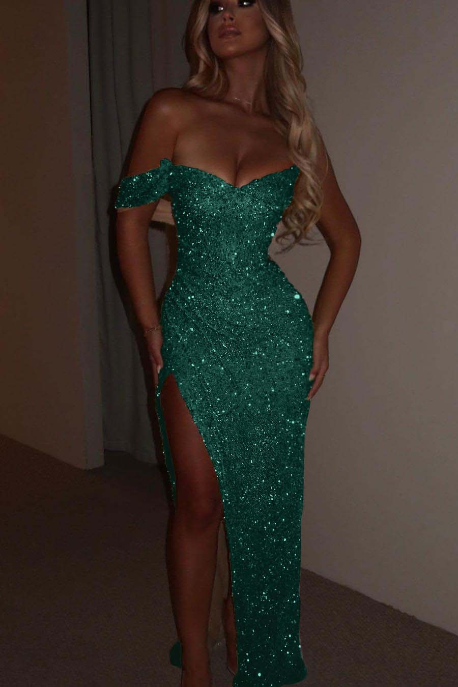 Glamorous Sequins One Shoulder Spaghtti Strap Long Pleated Prom Dress with Split