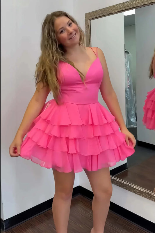 Spaghetti Straps V-Neck A-Line Empire Tiered Homecoming Dress