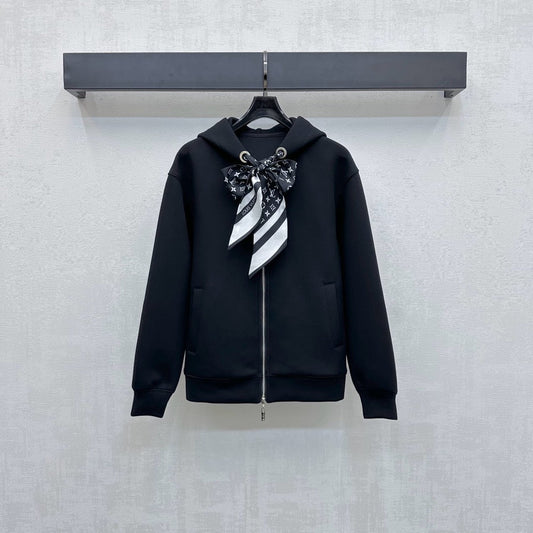 LV25 Silk Scarf Hooded Jacket Black Cotton 290214